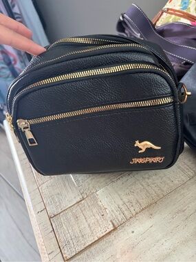 JINGPINRT Black Leatherette Crossbody Bag with Gold Hardware